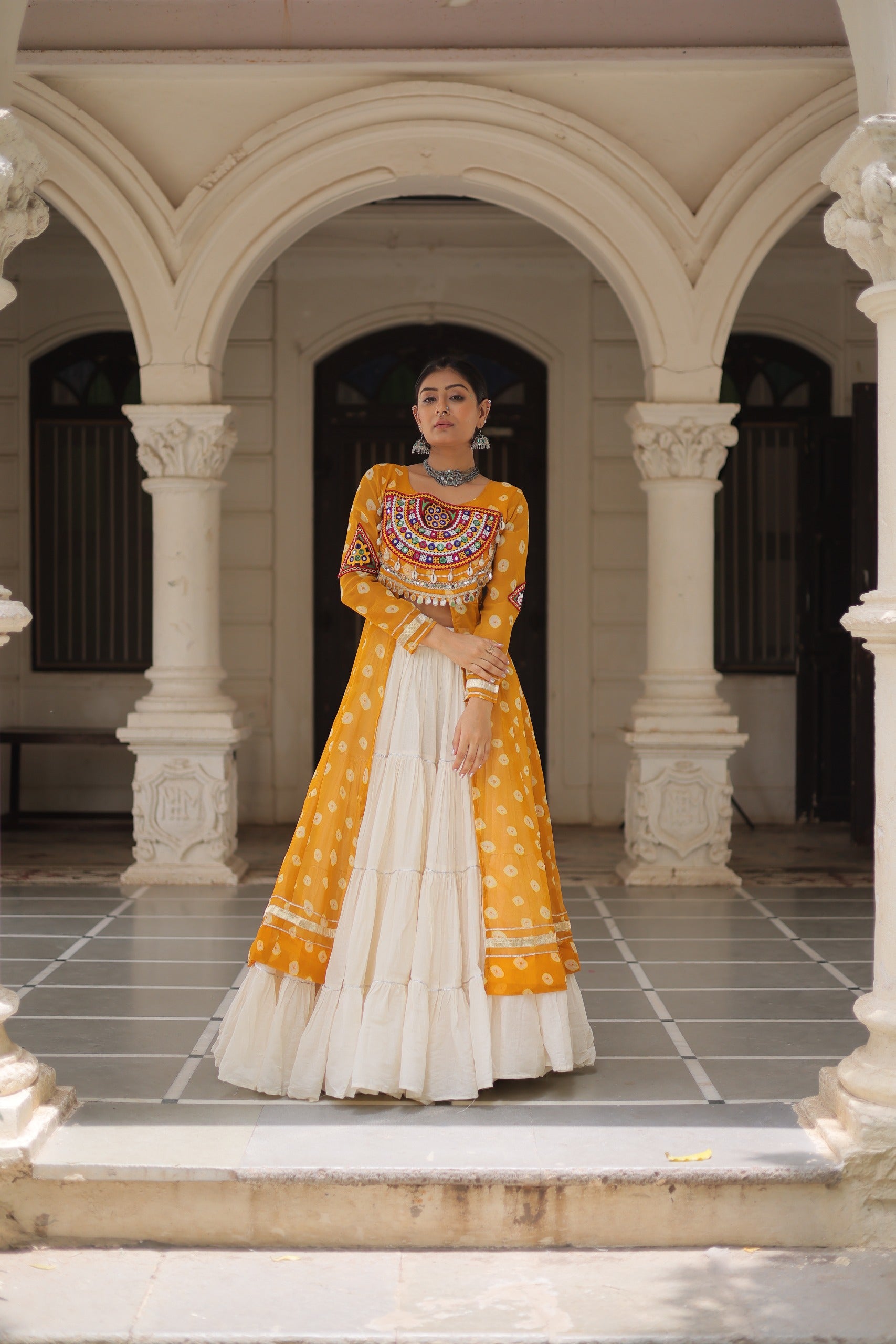 β¨  Navratri Collection - Bandhani Print Kurti with Kora Cotton Lehenga